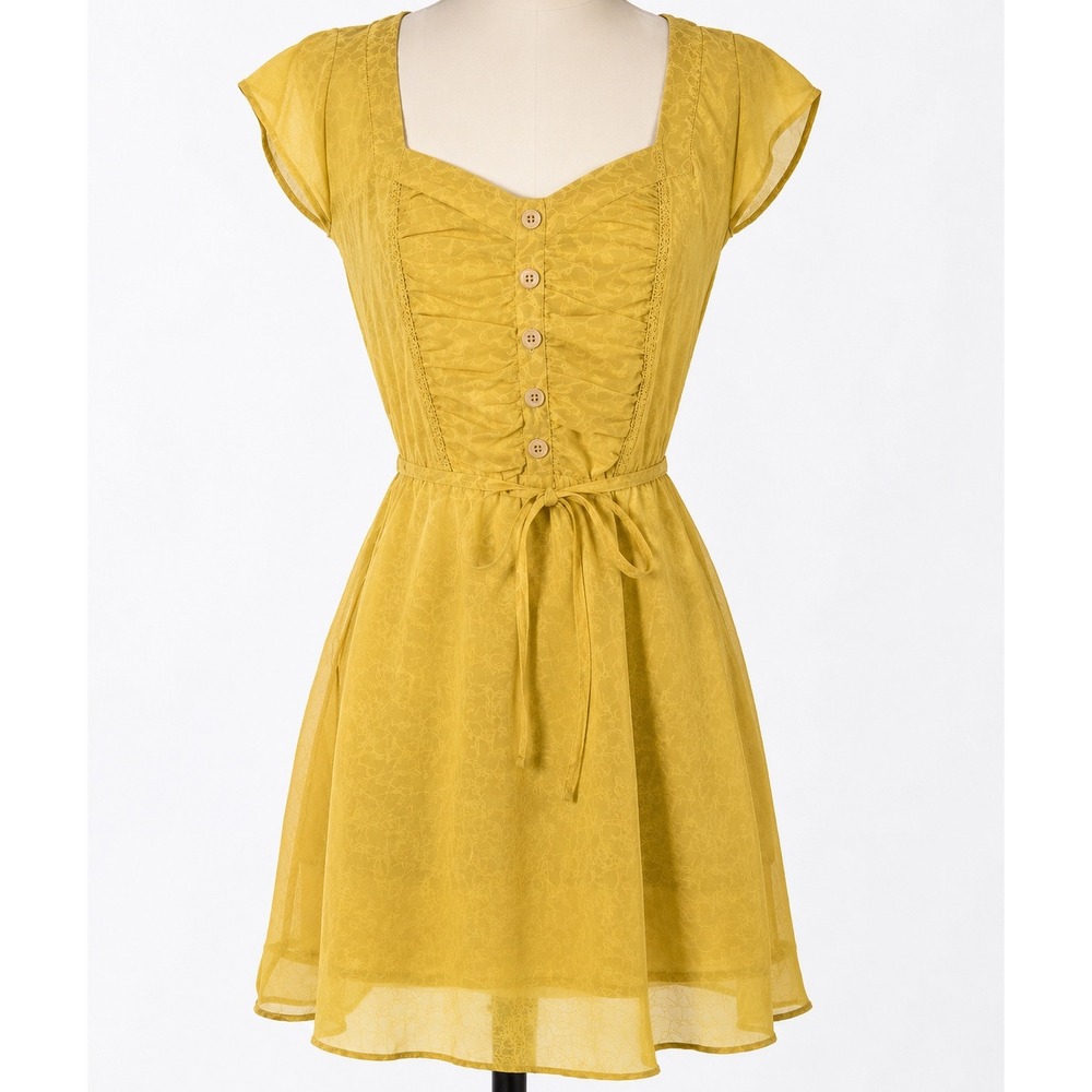 Jessica Simpson Yellow Leopard Print Button Front Tie Waist Cap‎ Sleeve Dress M